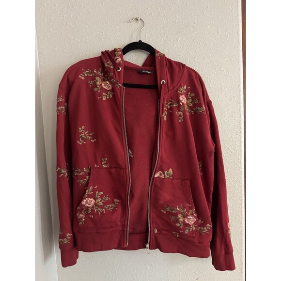 DRIFTWOOD Tops - Driftwood Cranberry Size Medium Floral Embroidered Zip Up Hoodie Flaw: Zipper